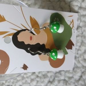 Green and white mushroom earrings, 1" drop to 1/2" mushroom silvertone,…
